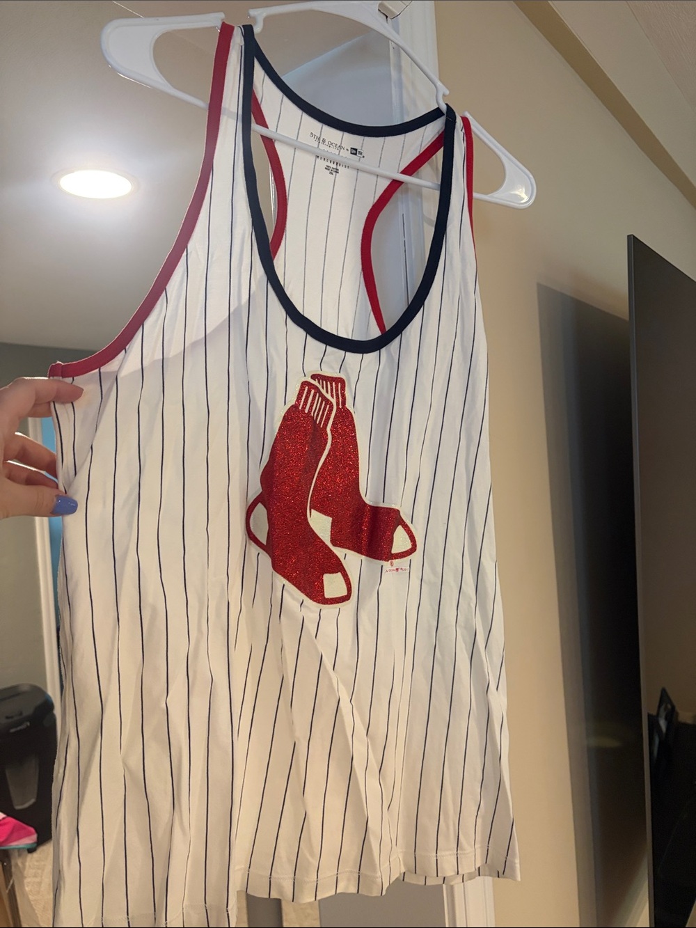 5th & Ocean White Pinstripe Tank with Navy Neck and Red Arm TrimSparkly Red Sox